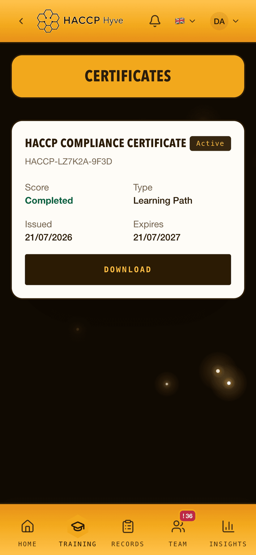 A HACCP training-completion certificate