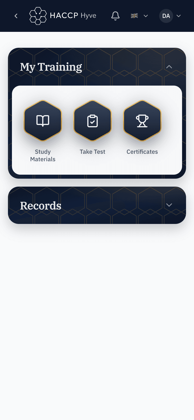 The HACCP Hyve home screen
