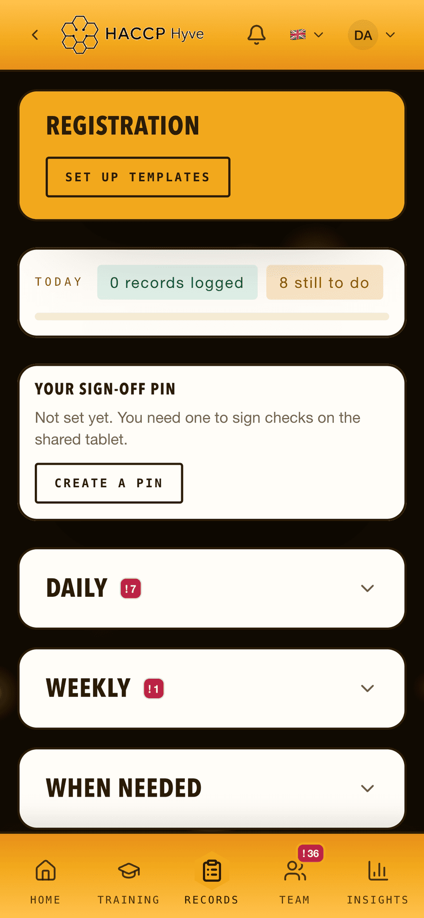 The HACCP Hyve home screen